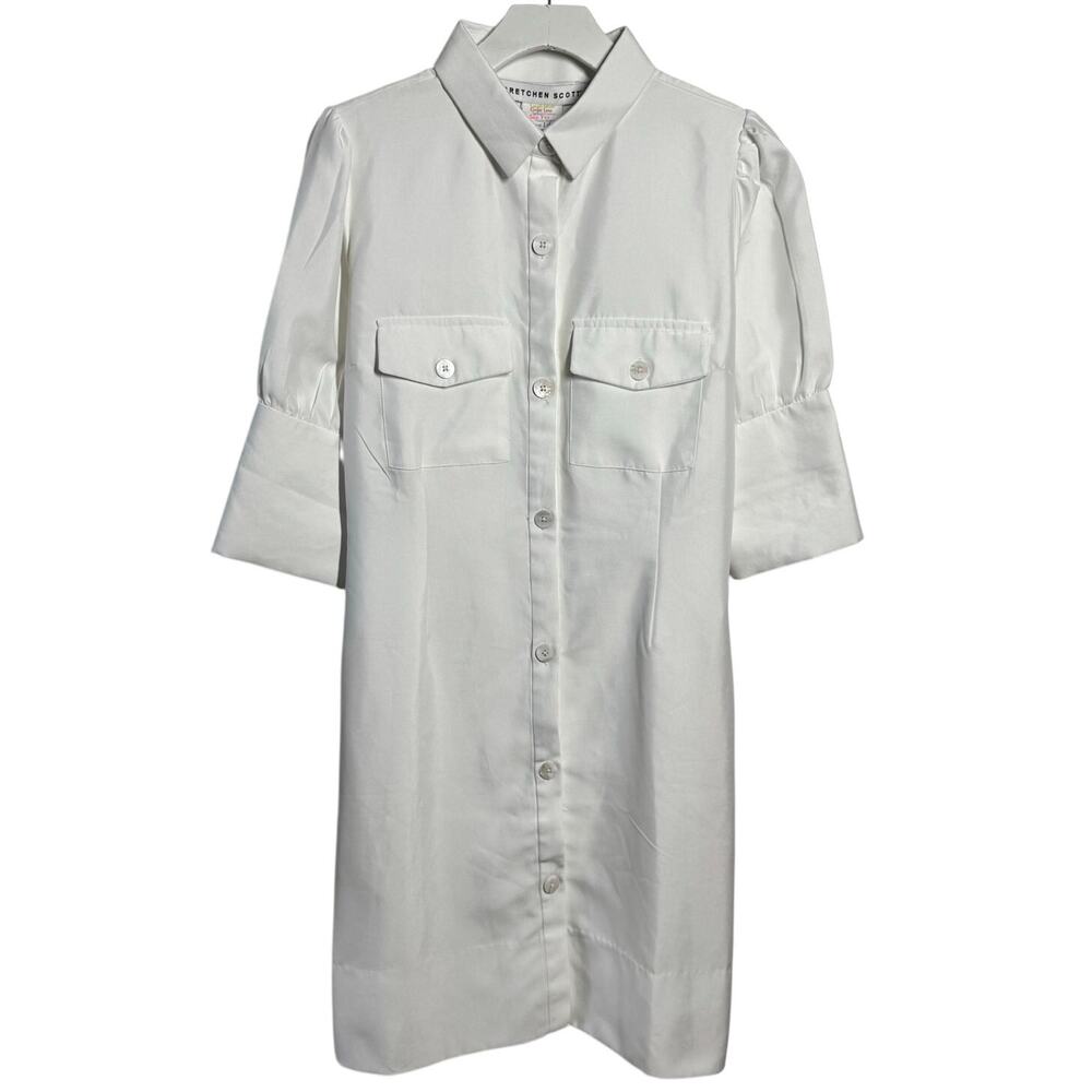 Gretchen Scott white button-front "Swagger" shirtdress puff sleeve Women L Prep
